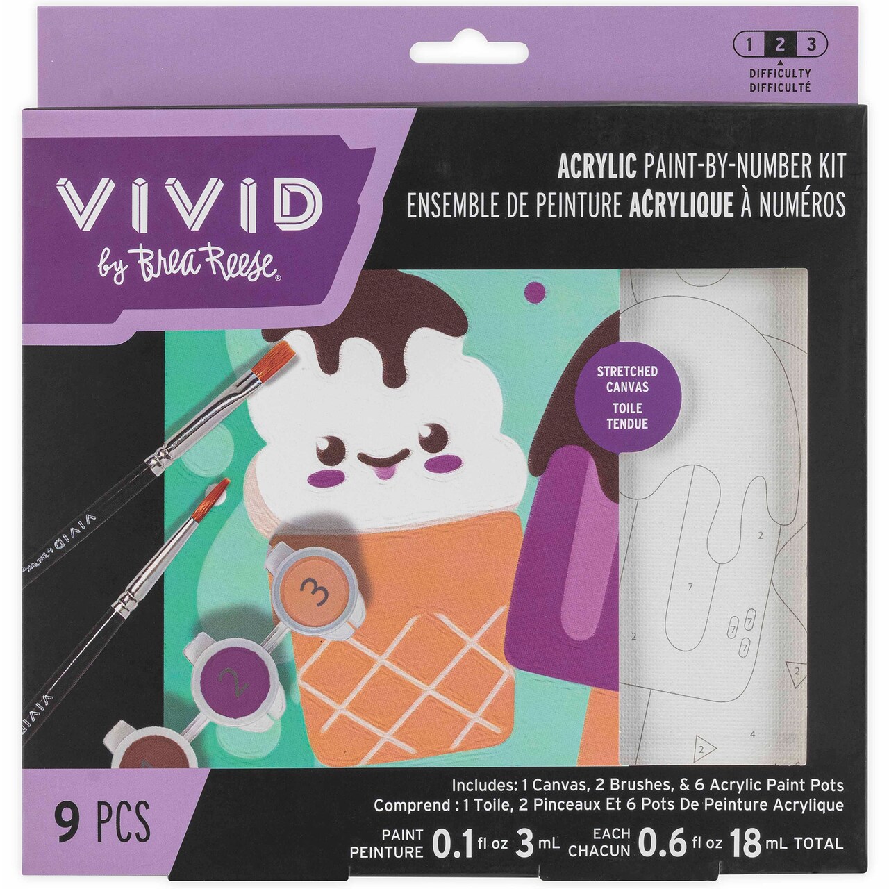 Vivid by Brea Reese: Acrylic Mini Paint-By-Number Kit – Ice Cream - 6 x 6" Canvas, Cone & Popsicle, 6 Color Paint Pods, 2 Brushes, DIY Art Craft